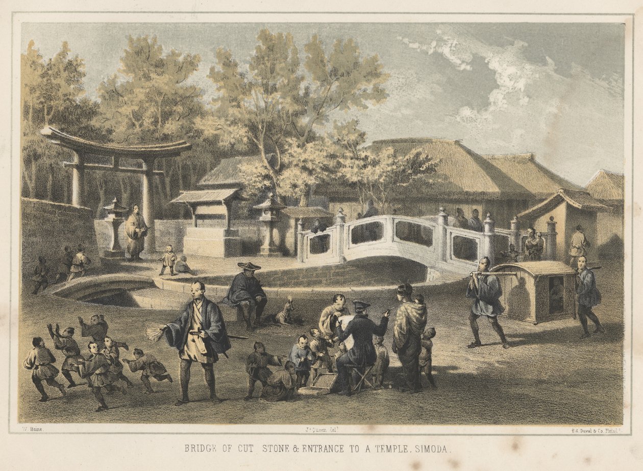 Bridge of Cut Stone og inngangen til et tempel, Simoda, 1855 av Wilhelm Joseph Heine
