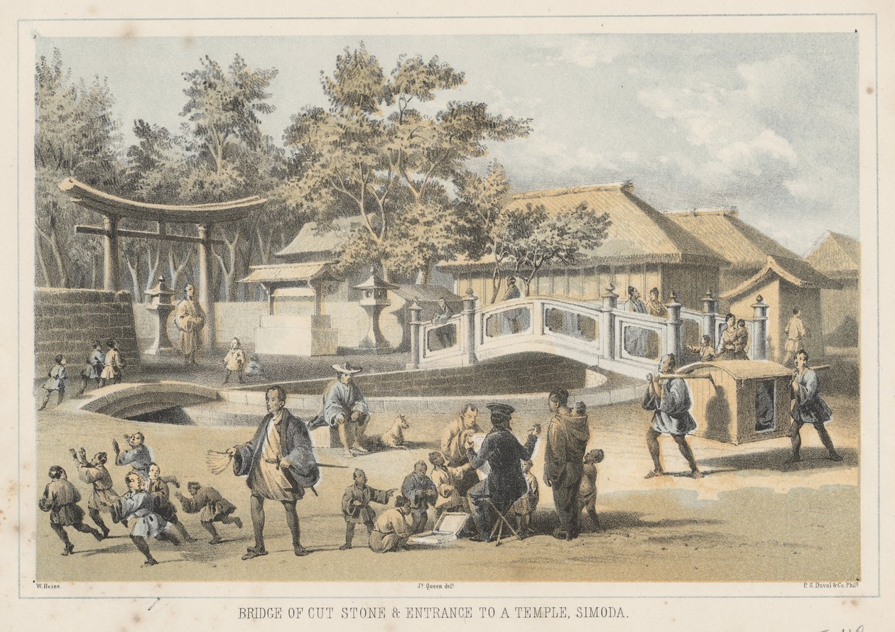 Bridge of Cut Stone og inngangen til et tempel, Simoda, 1855 av Wilhelm Joseph Heine