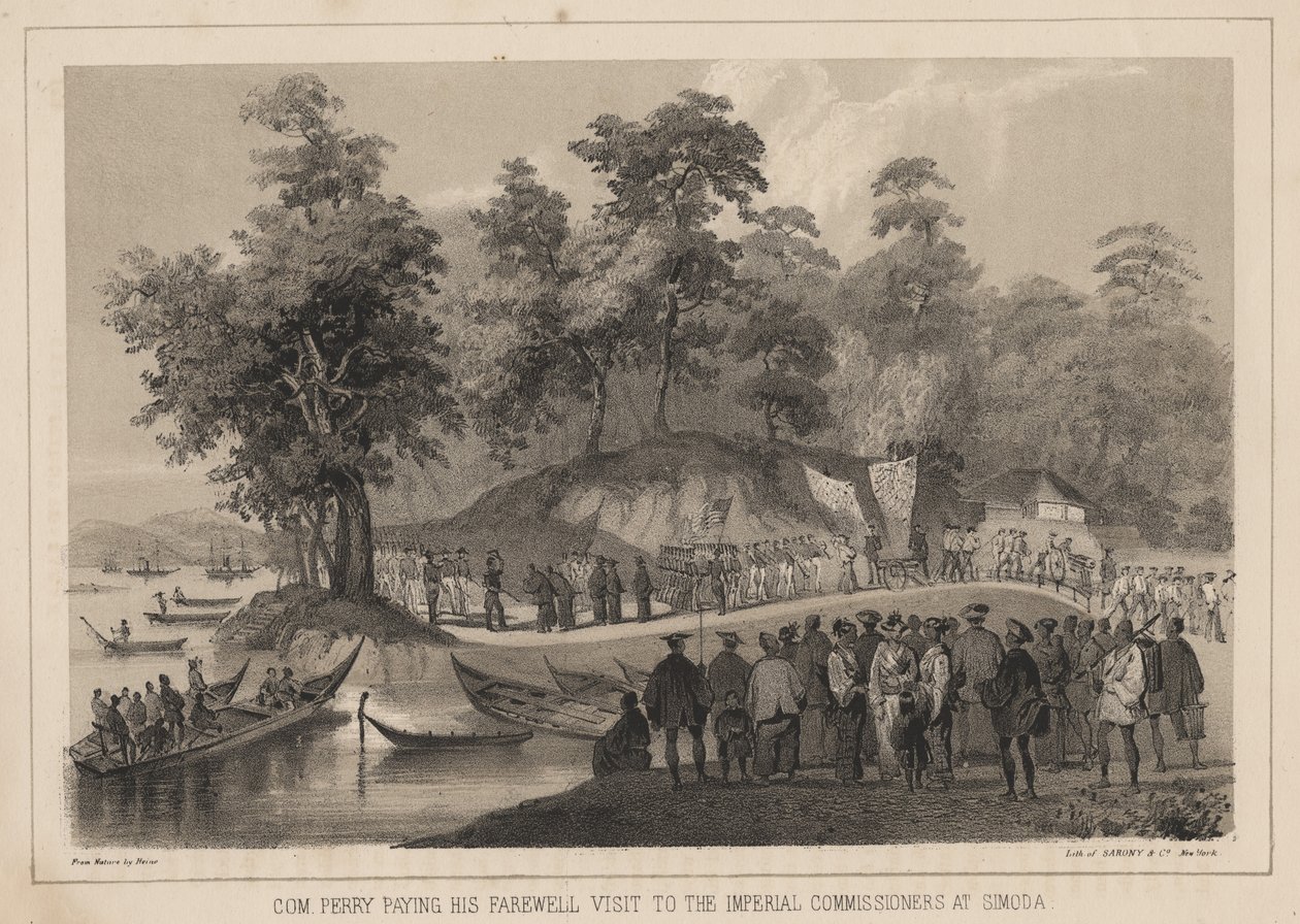 Com. Perry tok avskjedsbesøk til de keiserlige kommissærene i Simoda, 1855 av Wilhelm Joseph Heine