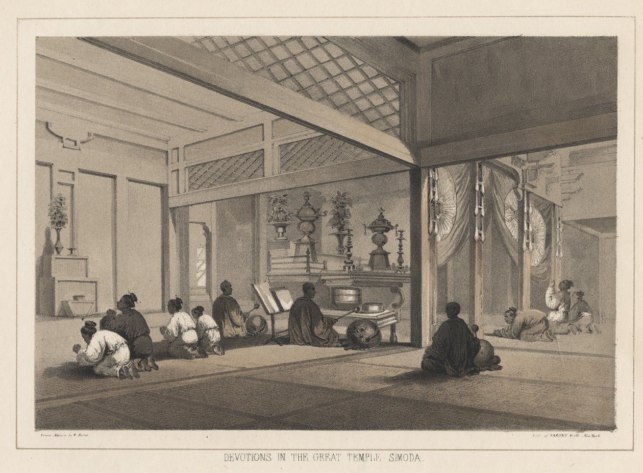 Andakter i det store tempelet, Simoda, 1855 av Wilhelm Joseph Heine