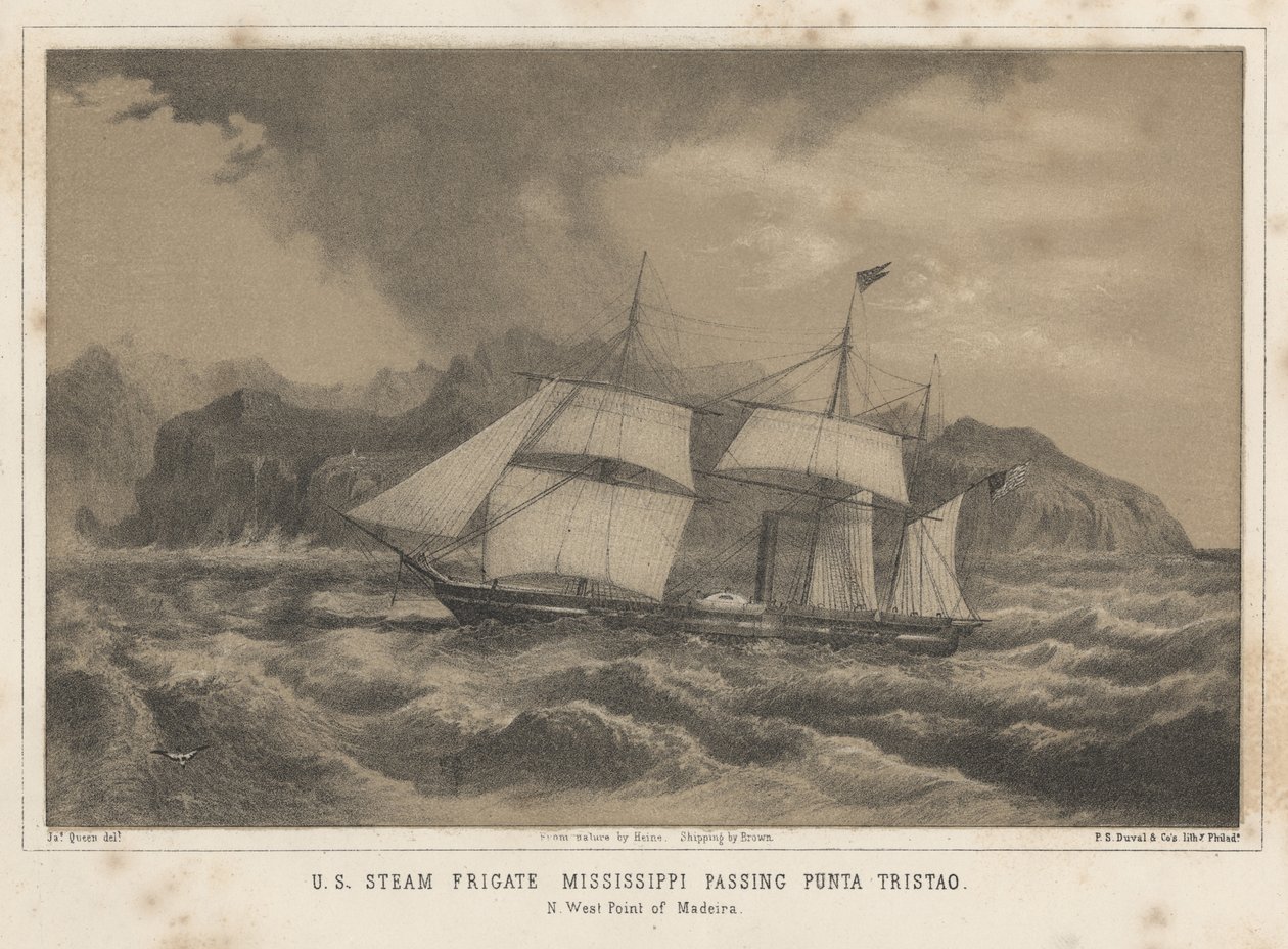 U.S.S. Steam Fregate Mississippi Passing Punta Tristao, 1855 av Wilhelm Joseph Heine