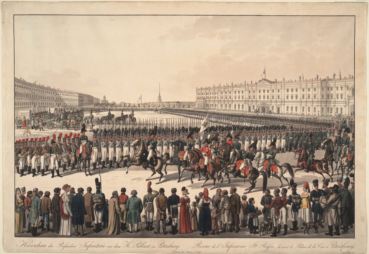 En gjennomgang av det russiske infanteriet på Palace Square i St Petersburg, 1809-1813 av Wilhelm Kobell Ritter von