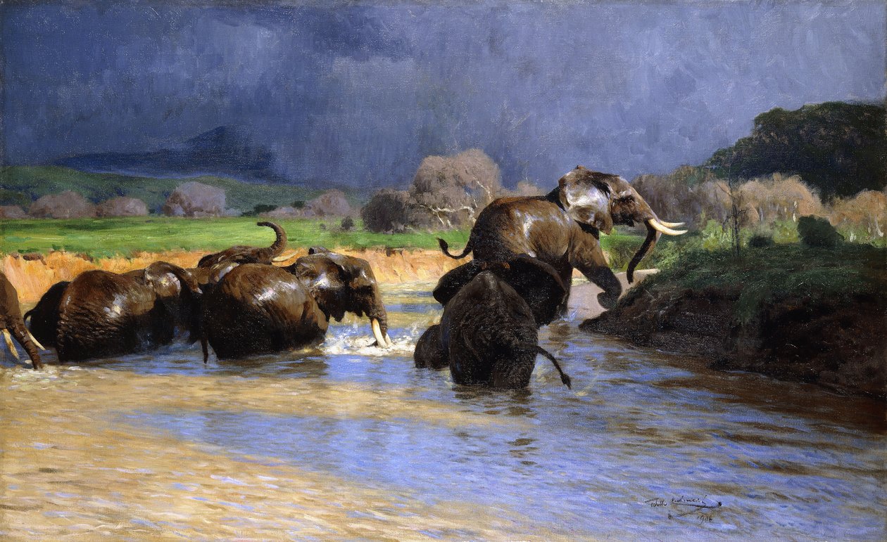 Bading av elefanter; Badende elefanter, 1908 av Wilhelm Kuhnert