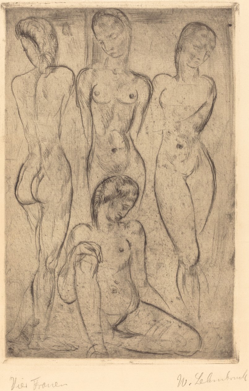 Fire kvinner; Tre stående, en sittende (fire kvinner; tre stående, en sittende) av Wilhelm Lehmbruck