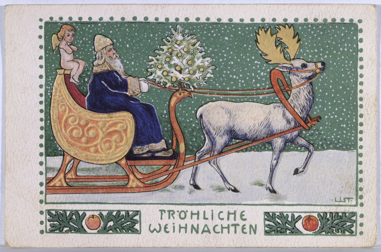 Postkort som viser julenissen på sin slede, ca. 1910 av Wilhelm List