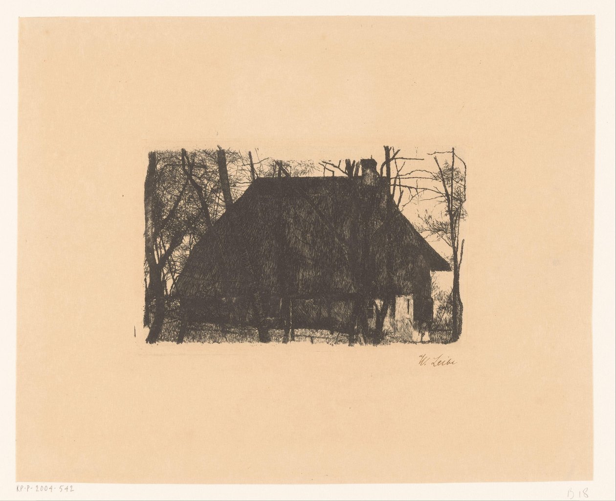 Gård mellom nakne trær av Wilhelm Maria Hubertus Leibl (signed by artist)