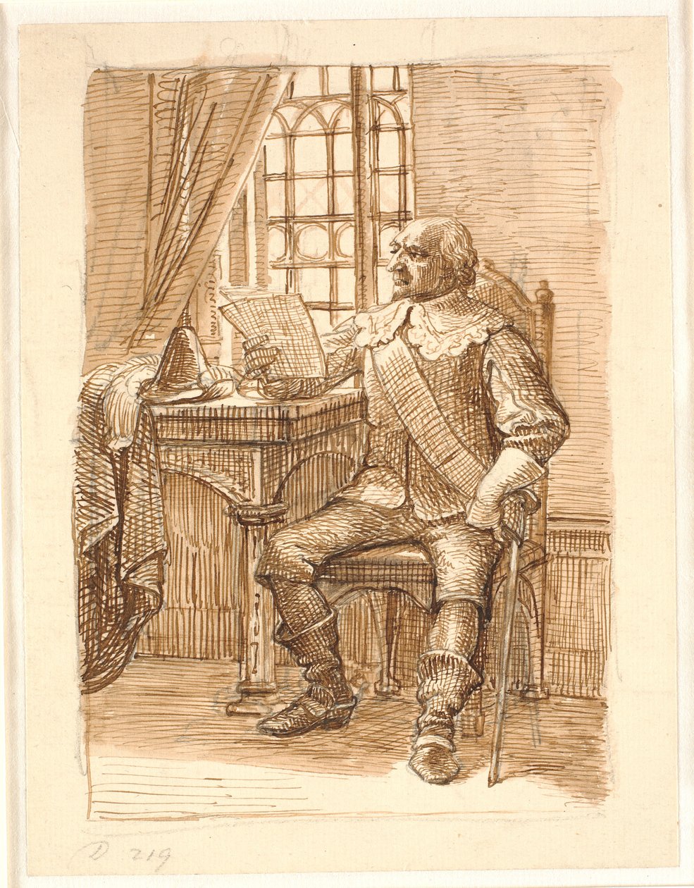 Adelsmann fra Chr. 4.s tid sitter og leser et brev av Wilhelm Marstrand