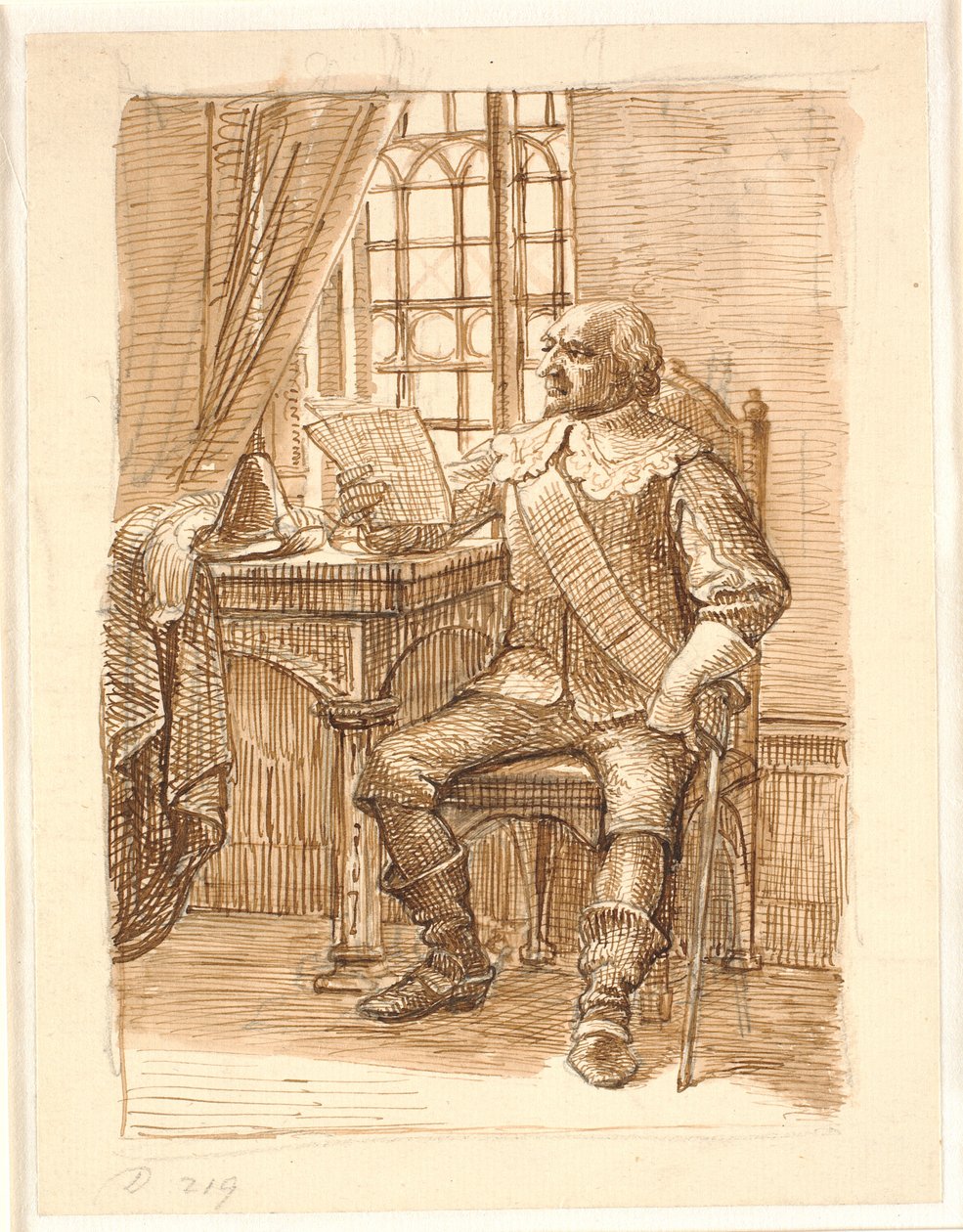 Adelsmann fra Chr. 4.s tid sitter og leser et brev av Wilhelm Marstrand