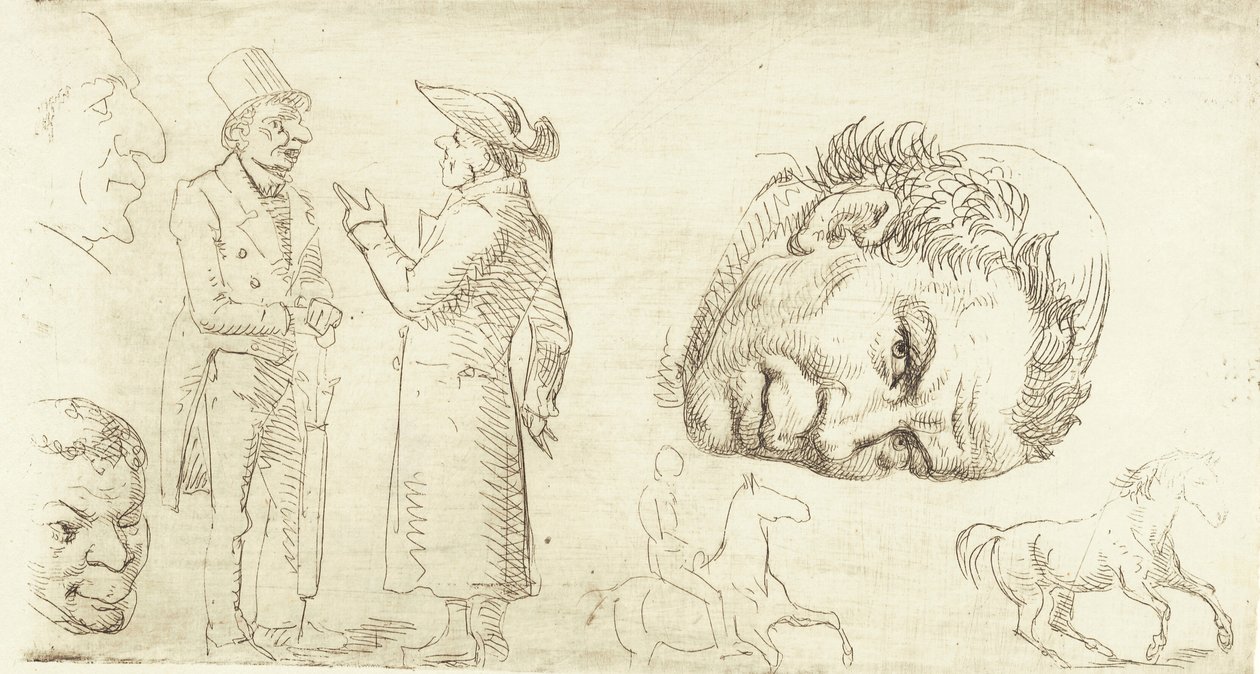 Andre prøveark i stylografi med munkehode, hester mm. av Wilhelm Marstrand
