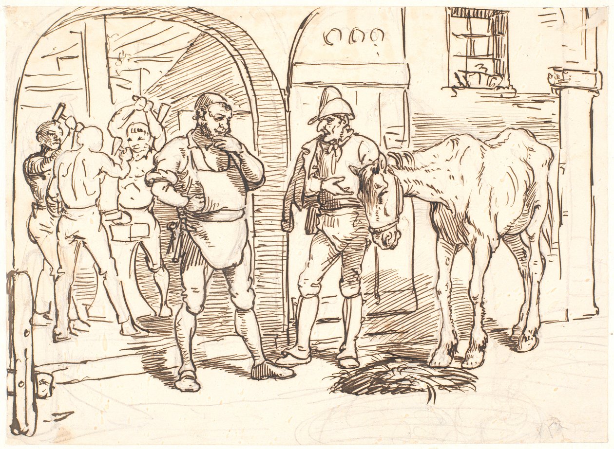 Den gamle hesten blir ført til en romersk smie av Wilhelm Marstrand