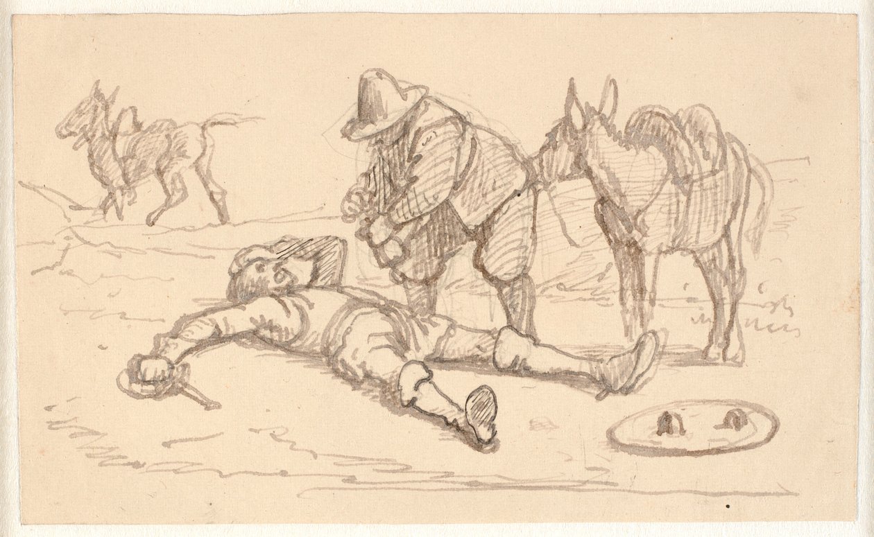 Don Quijote ligger såret og får hjelp av Sancho av Wilhelm Marstrand