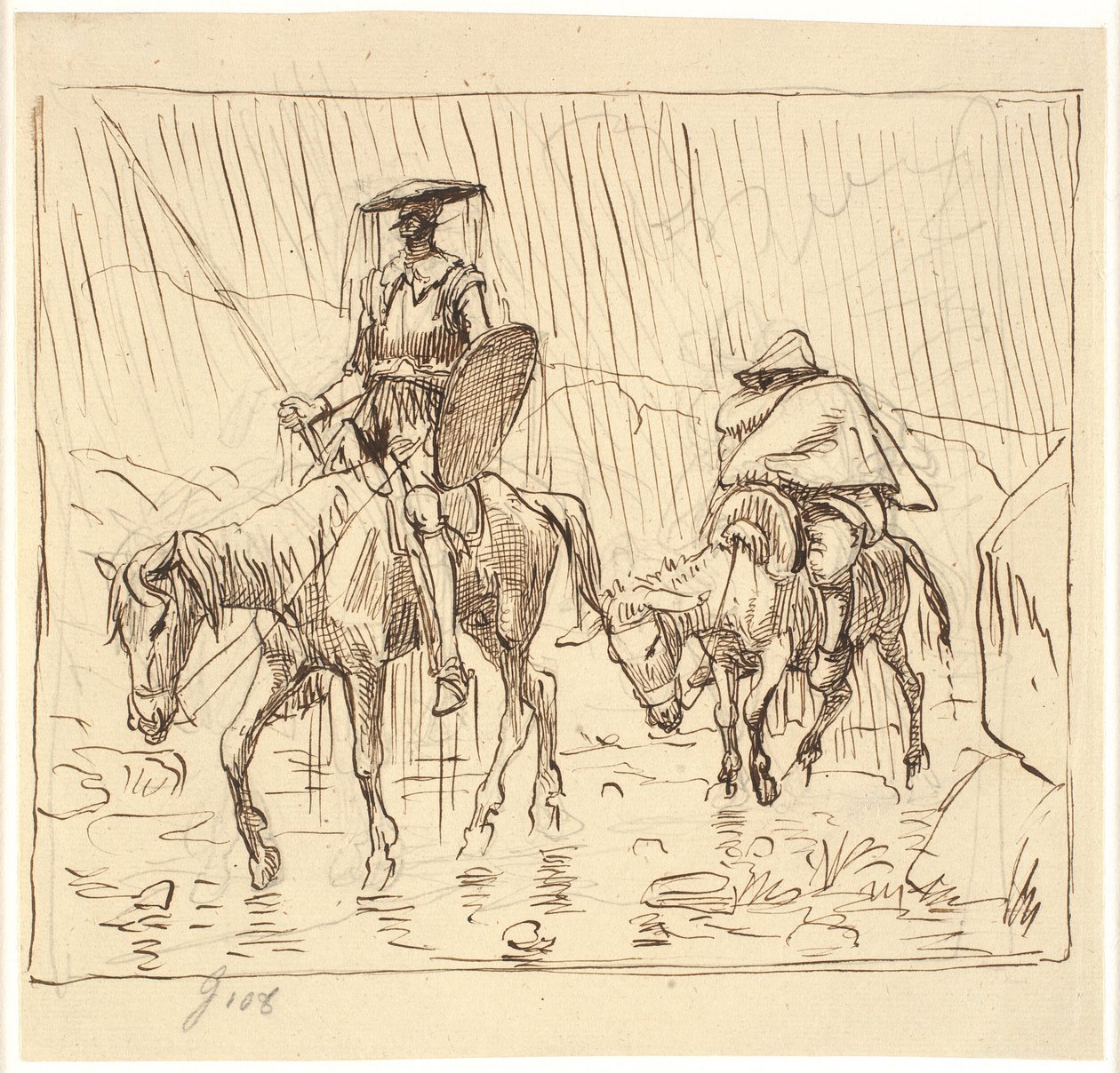 Don Quixote og Sancho Panza rir i øsende regn av Wilhelm Marstrand