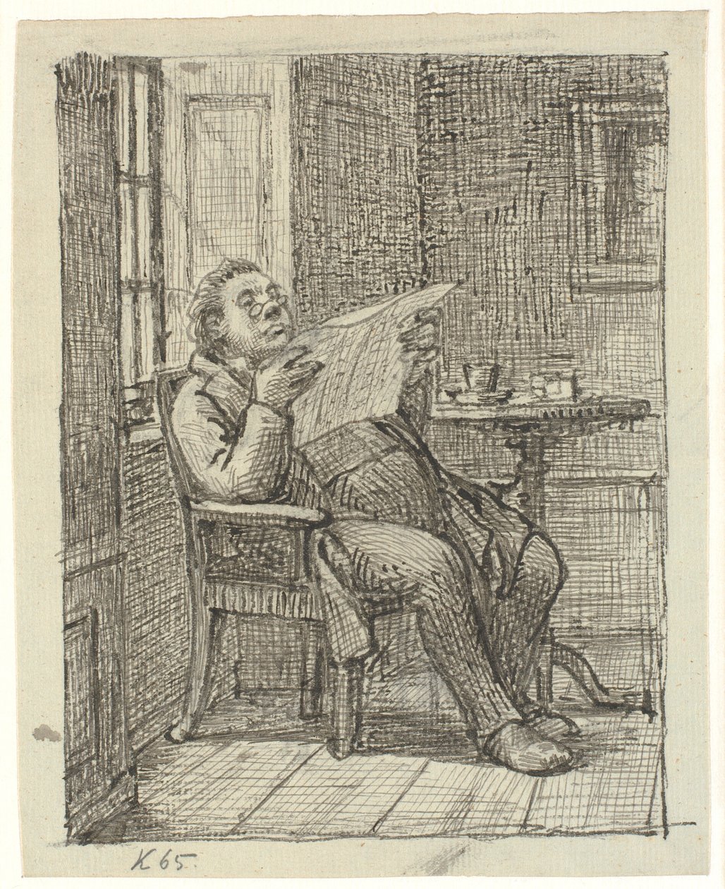 En feit herre som leser en avis med kaffen sin av Wilhelm Marstrand