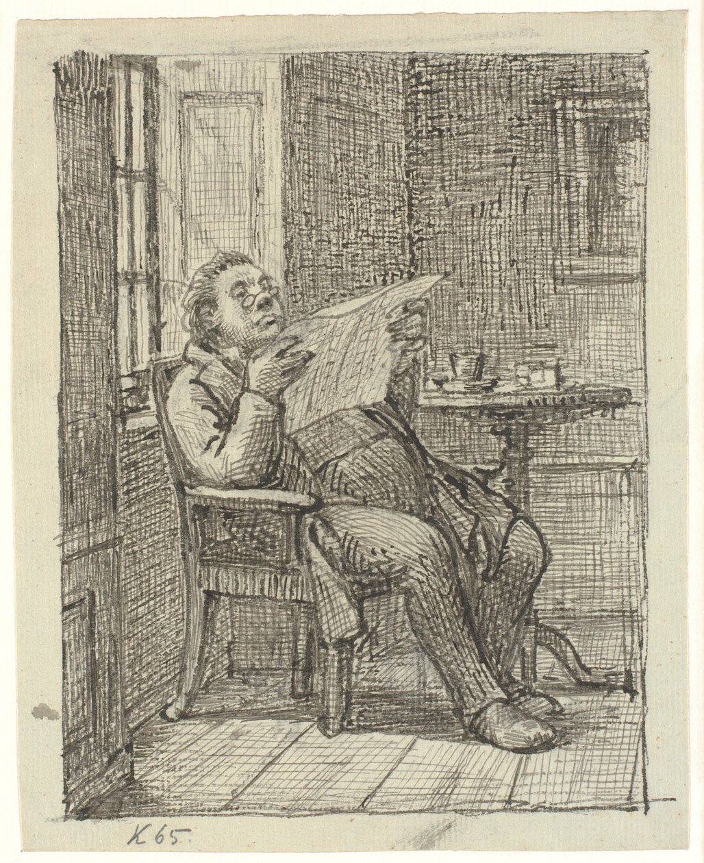 En feit herre som leser en avis med kaffen sin av Wilhelm Marstrand