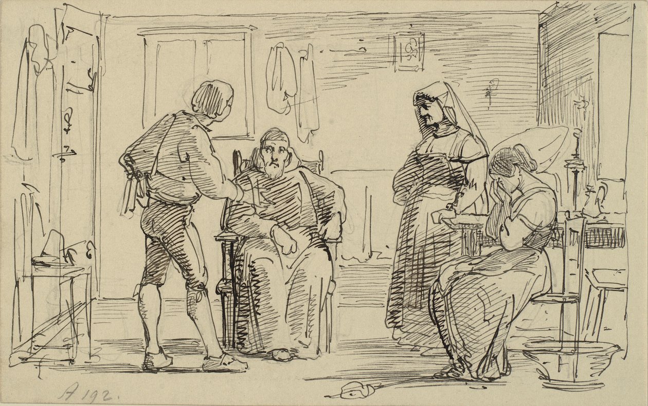 Interiør hvor en ung mann forklarer noe til en sittende munk, dvs. gråtende jente og gammel kone av Wilhelm Marstrand