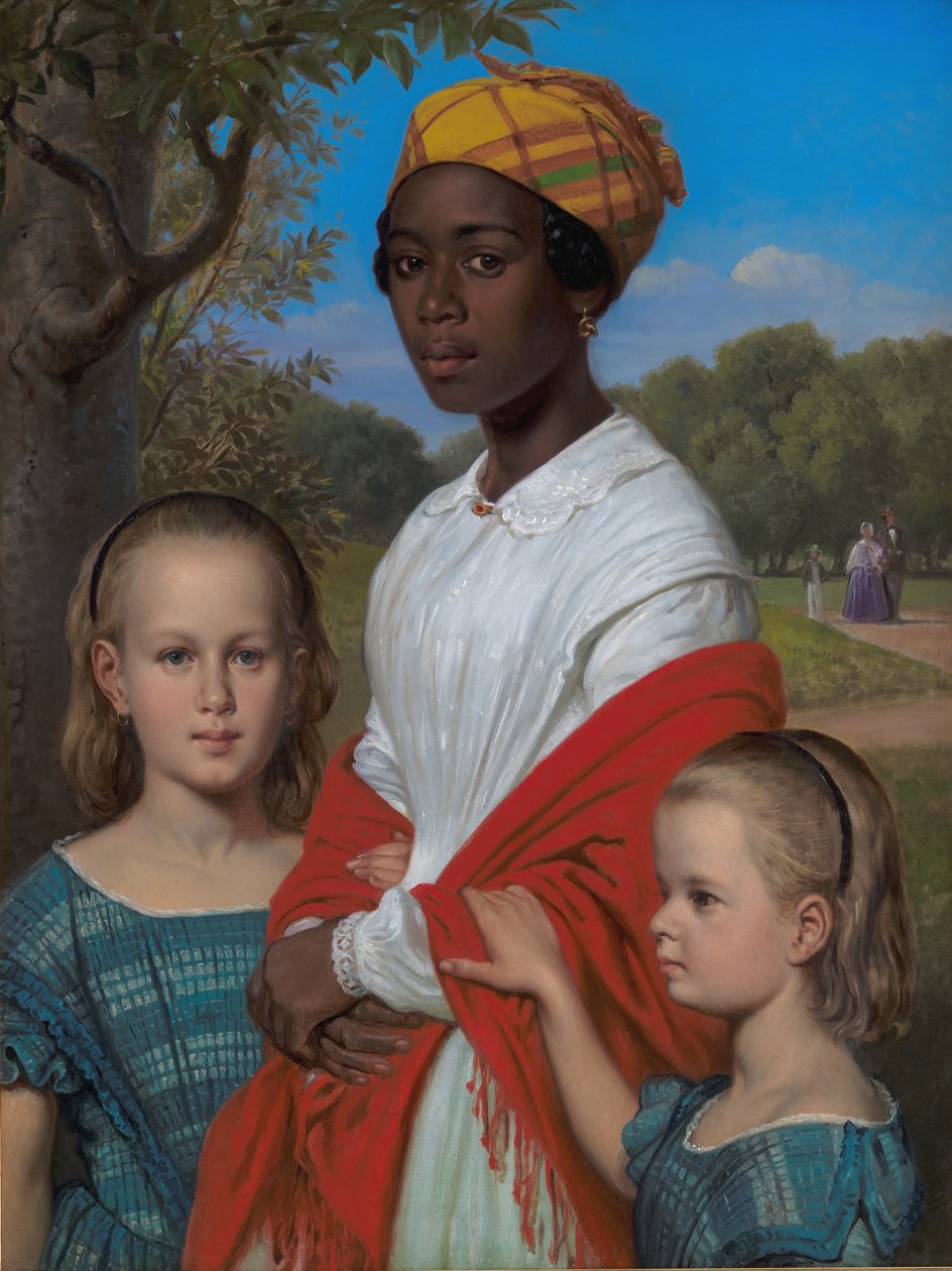 Portrett av Otto Marstrands to døtre og deres vestindiske barnepike, Justina Antoine, i Frederiksberg Gardens nær København av Wilhelm Marstrand
