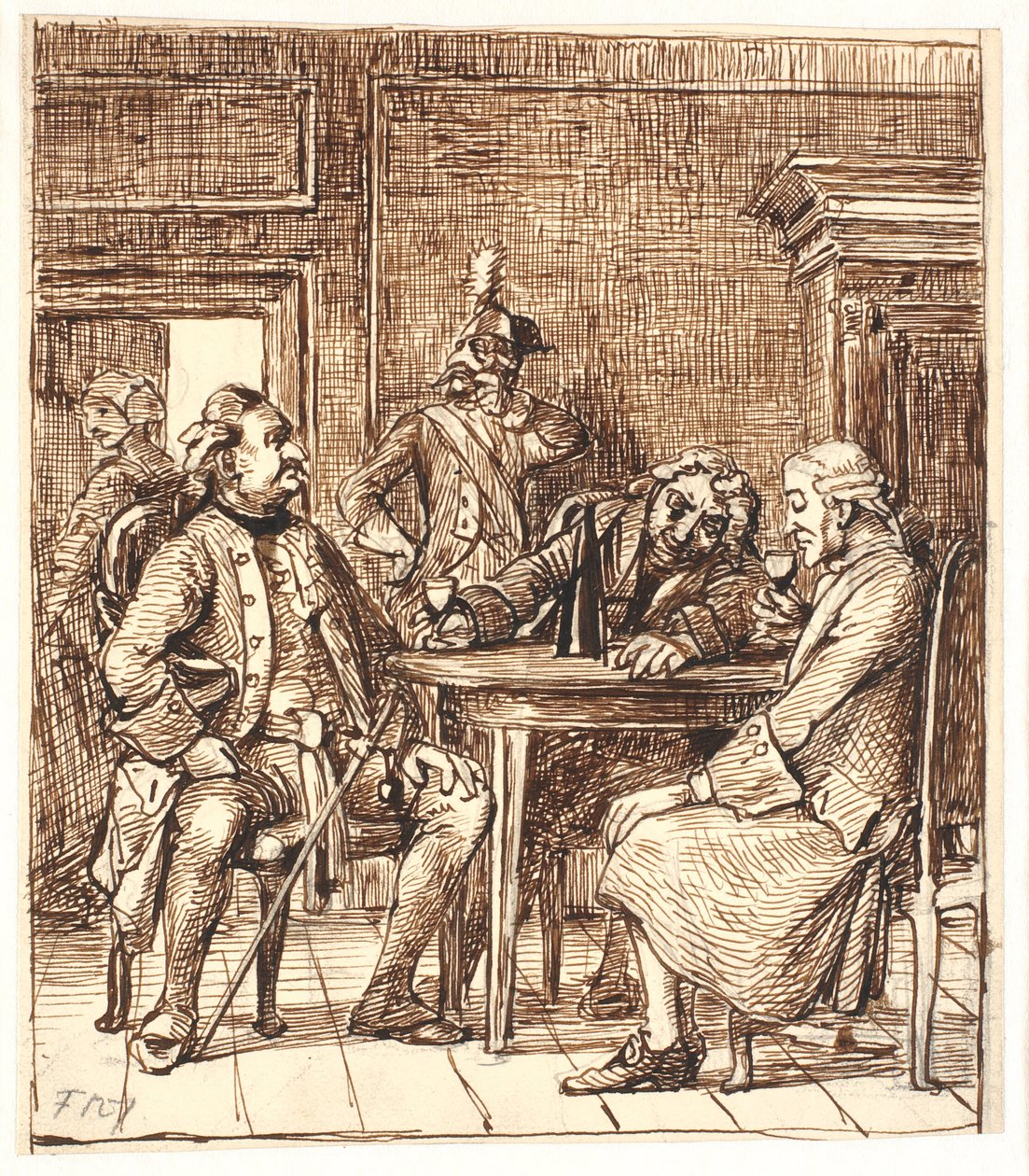 Scene på fødeavdelingen. Corfitz drikker rhinsk vin sammen med offiseren og Jens Olsen av Wilhelm Marstrand