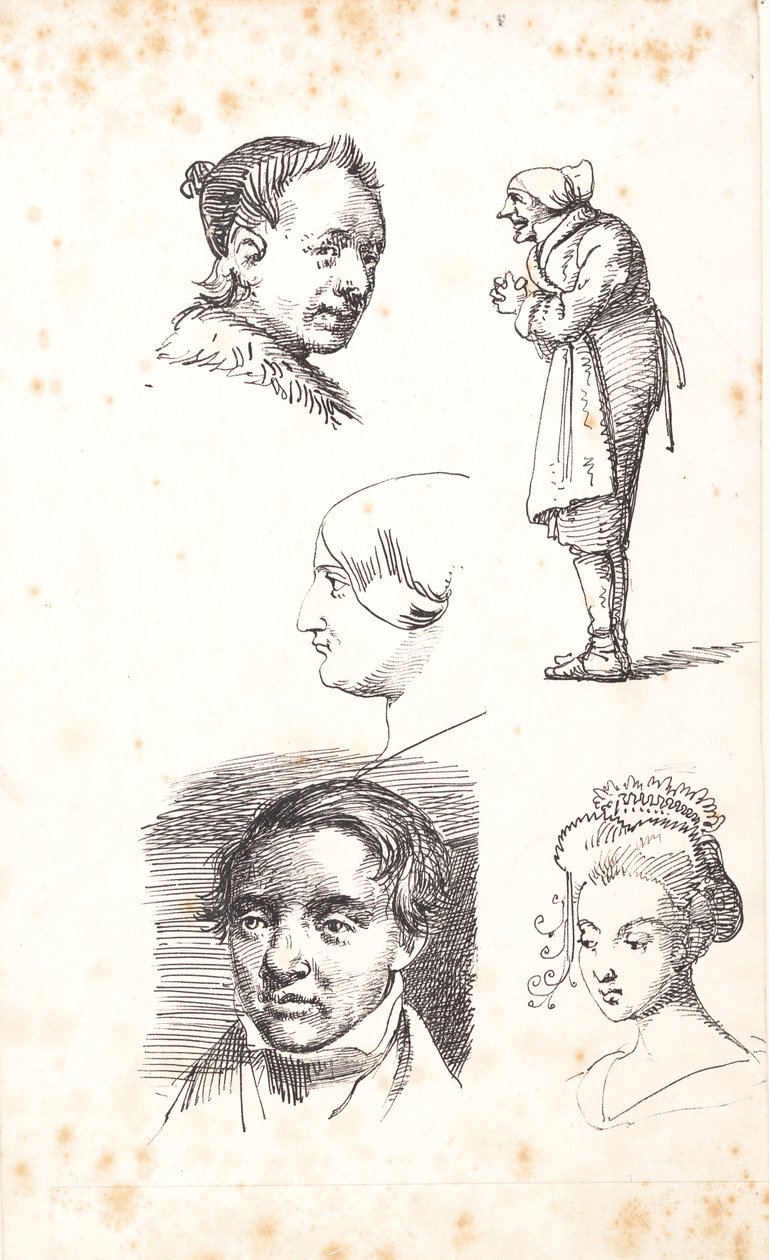 Studieark med to mannlige hoder, to kvinnelige hoder og en stående mann av Wilhelm Marstrand