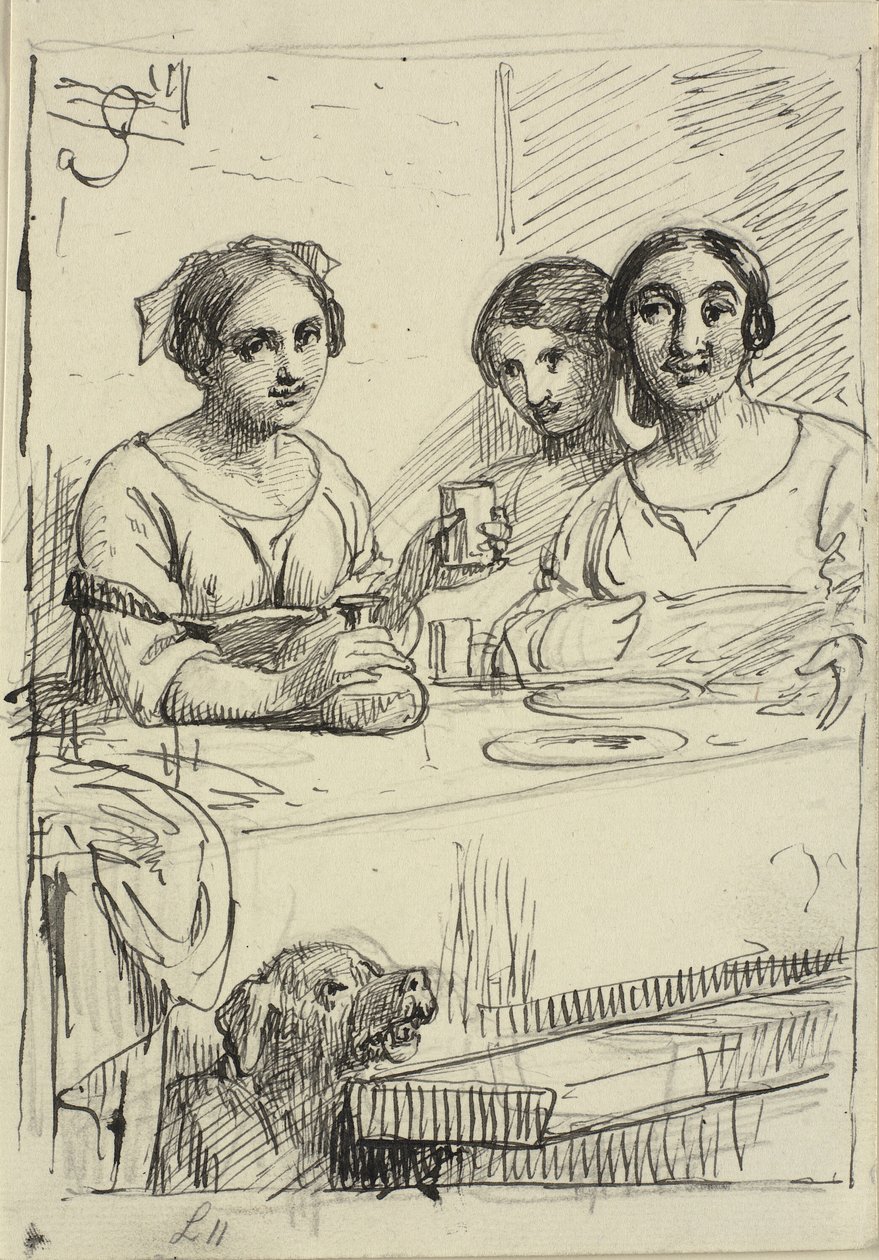 Tre jenter ved et bord, under bordet en hund av Wilhelm Marstrand