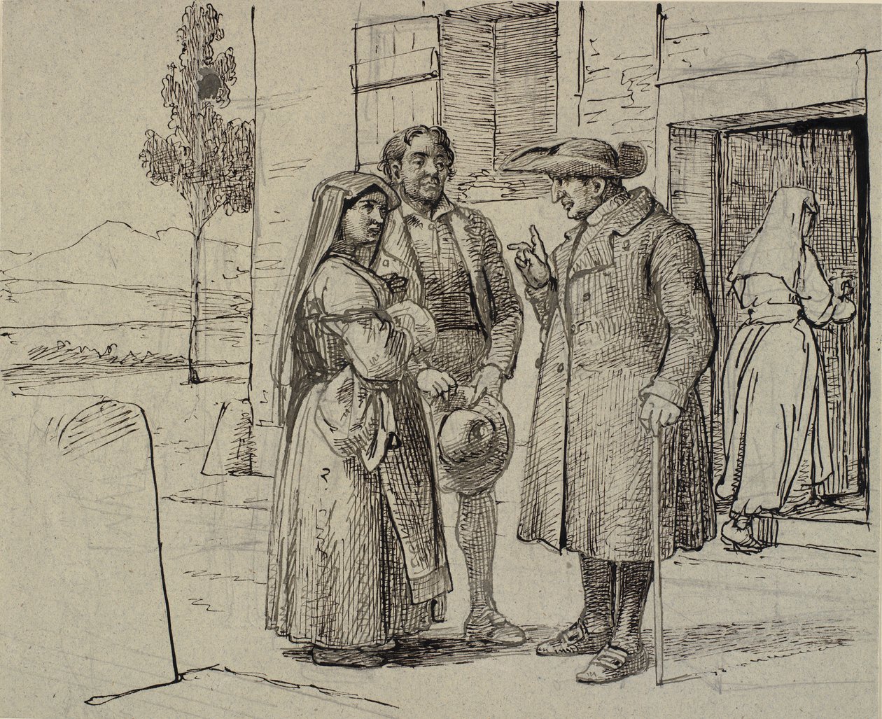 Utenfor et hus formaner en prest et ungt par av Wilhelm Marstrand