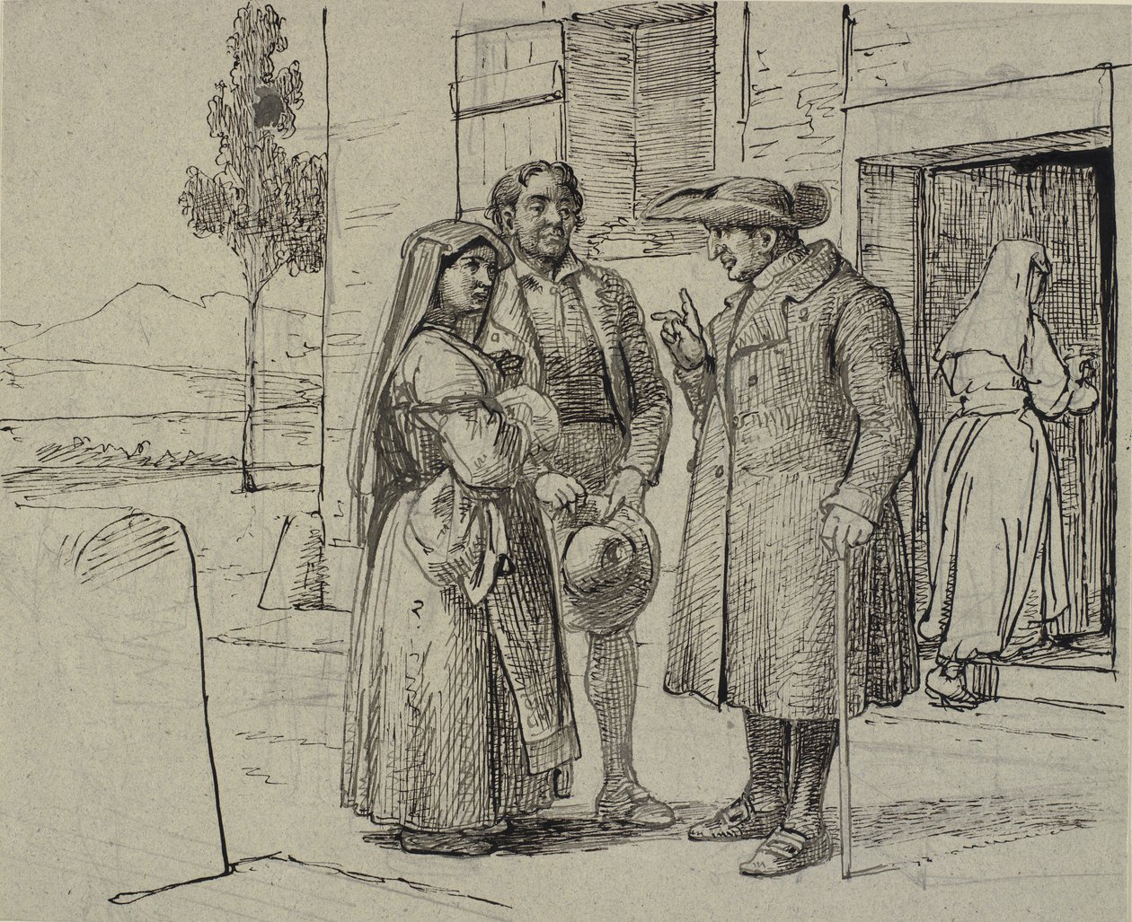 Utenfor et hus formaner en prest et ungt par av Wilhelm Marstrand