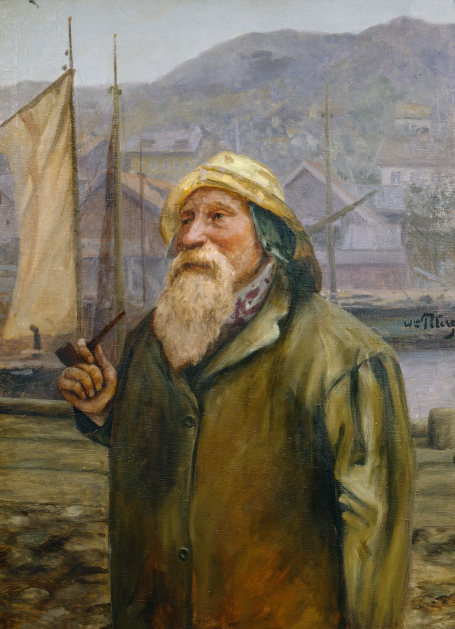 Mann med oljeskinnshatt og pipe av Wilhelm Peters