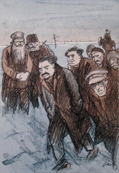Karikatur av Leon Trotsky (1879-1940) i Sibir, fra magasinet Simplicissimus, januar 1928 (farge litho) av Wilhelm Schulz