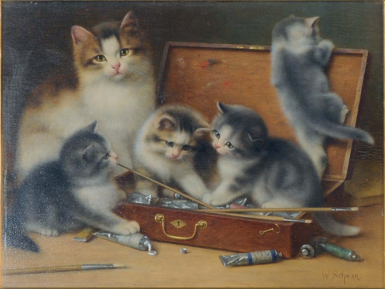 Kattemor og kattungene hennes leker i en malingsboks (olje på panel) av Wilhelm Schwar