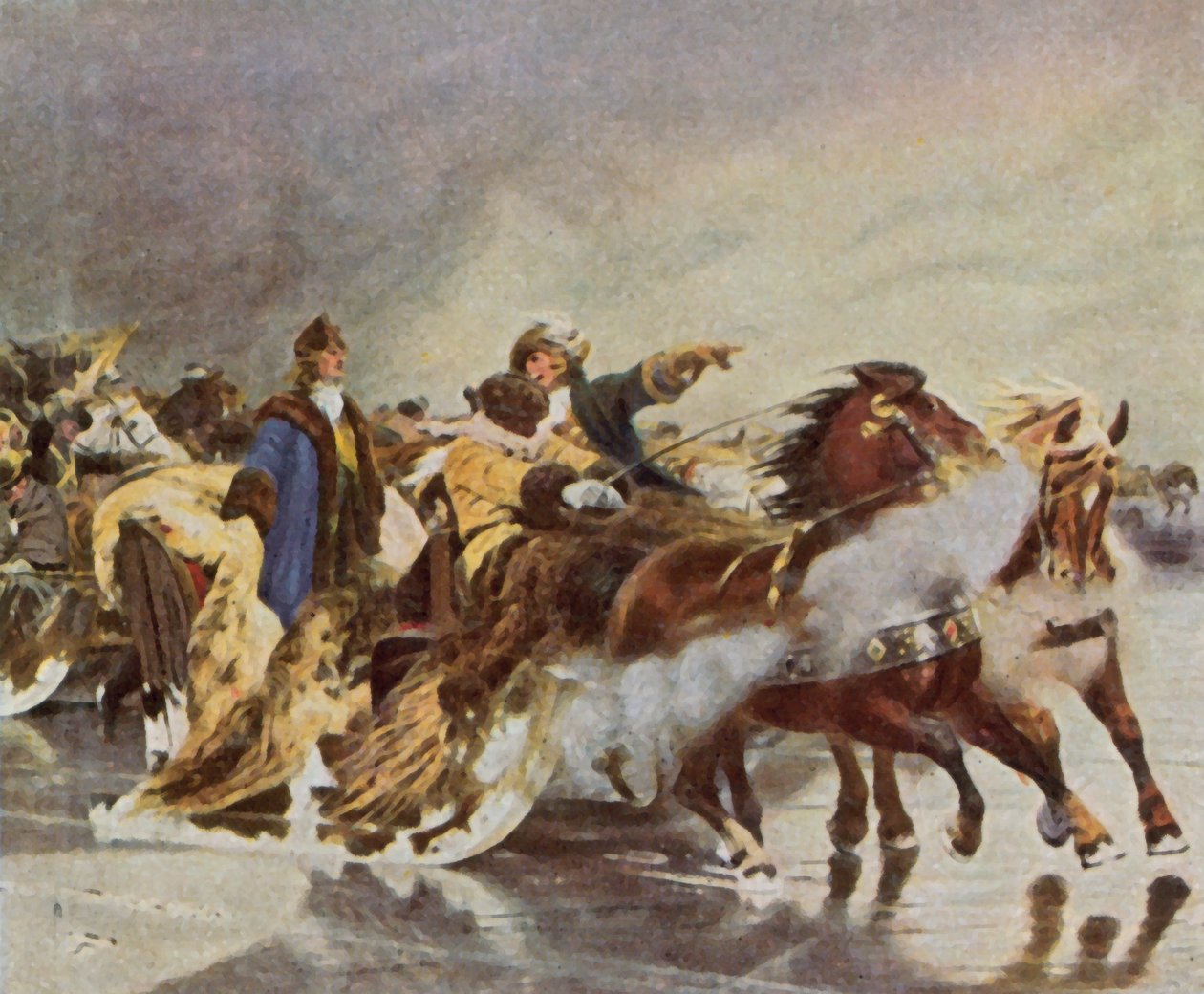 Kurfyrstens kryssing over Den kuriske lagune, januar 1679 (forbedret fargelitografi) av Wilhelm Simmler