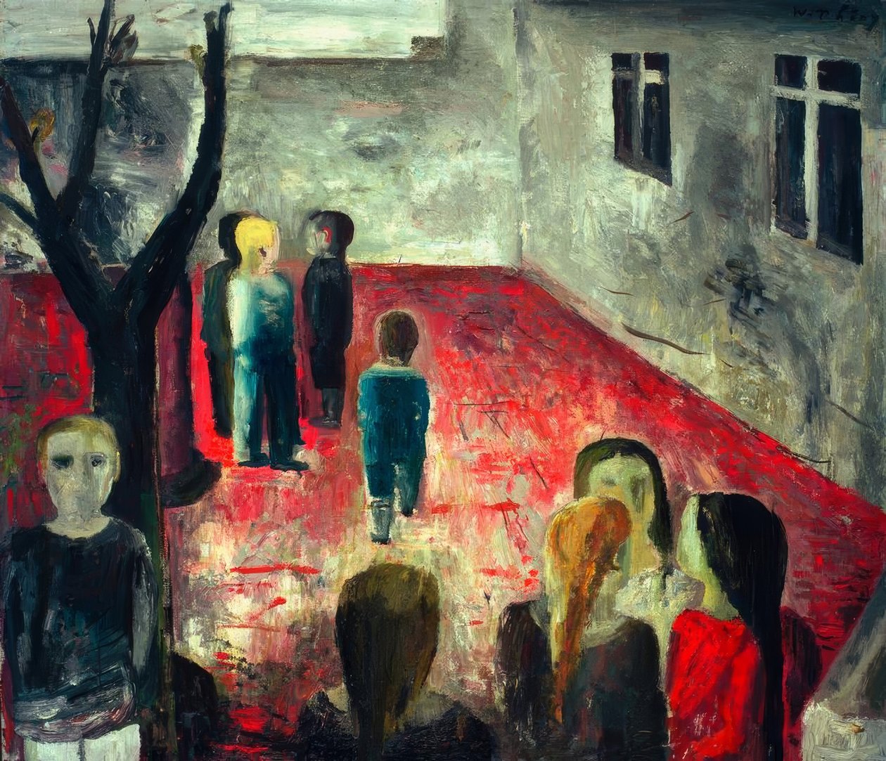 Skolegården før 1930 av Wilhelm Thöny
