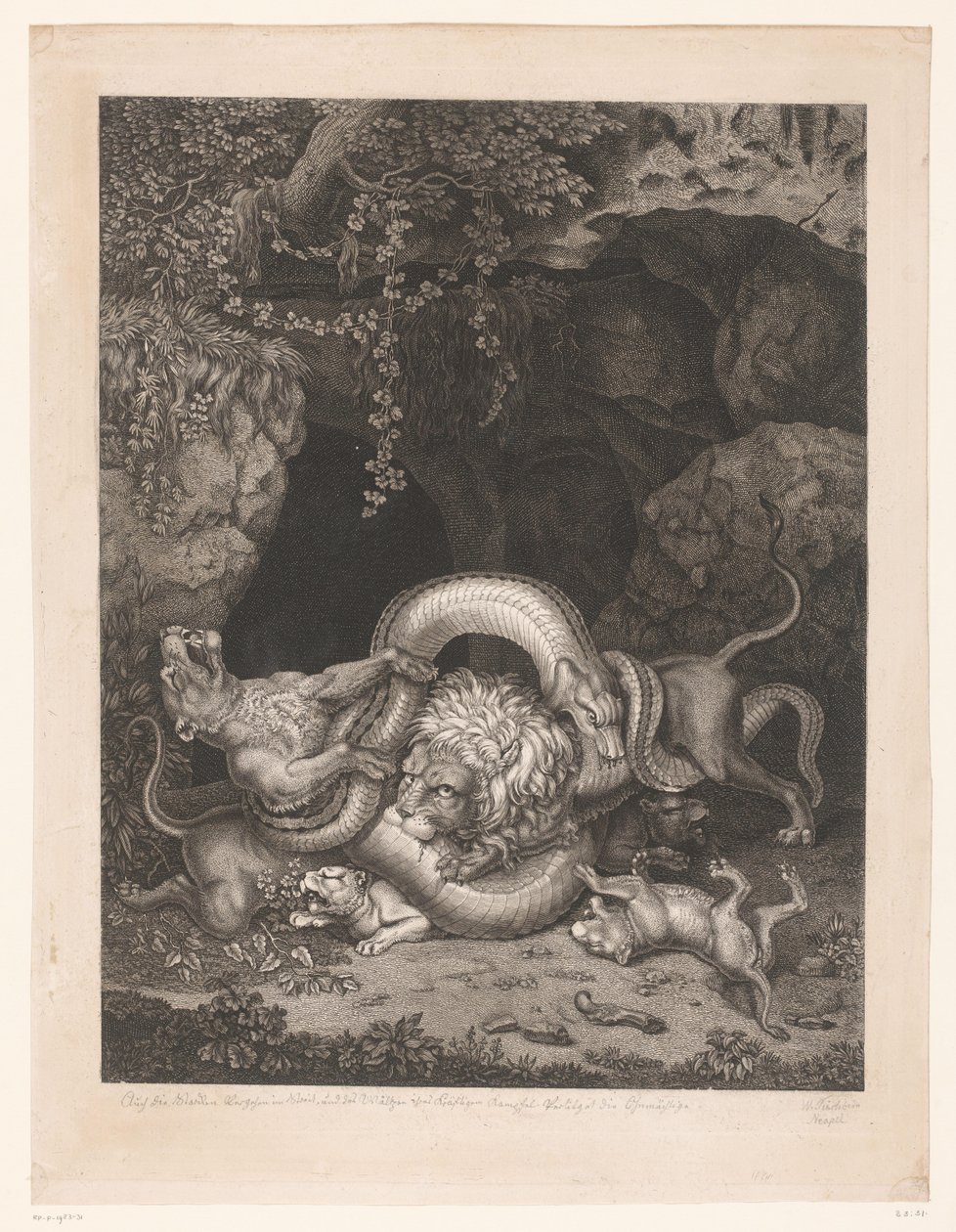 Løve og løvinne beskytter unger mot en slange av Wilhelm Tischbein