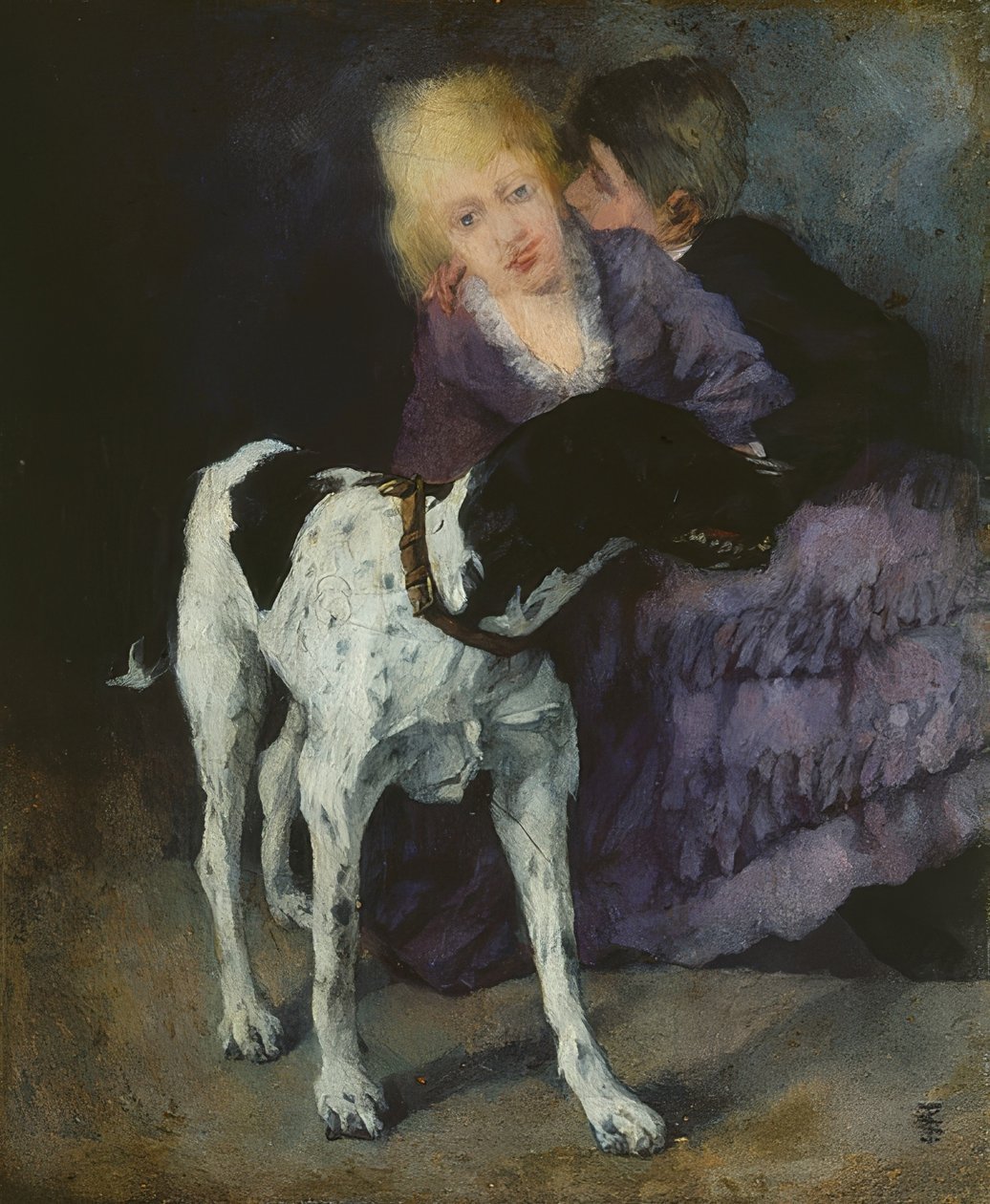 Kjære par med hund. 1873 av Wilhelm Trübner