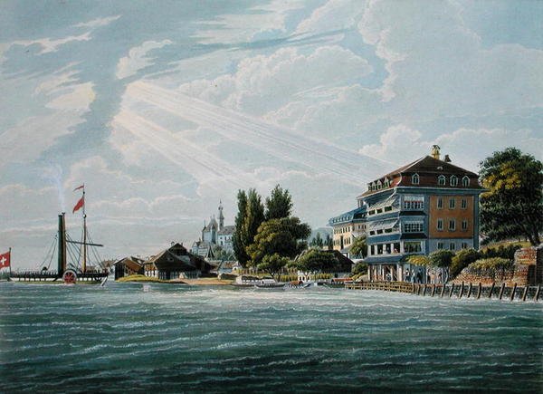 Bellevue Hotel and Pension på Lac de Thhoune, gravert av Bodmer (farge litho) av Wilhelm Ulrich Oppermann