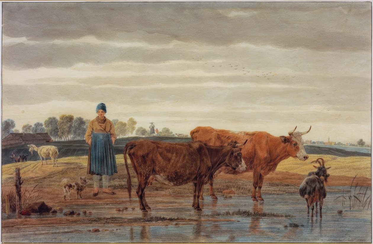 Bondekone med beitende storfe ved vannet av Wilhelm von Kobell