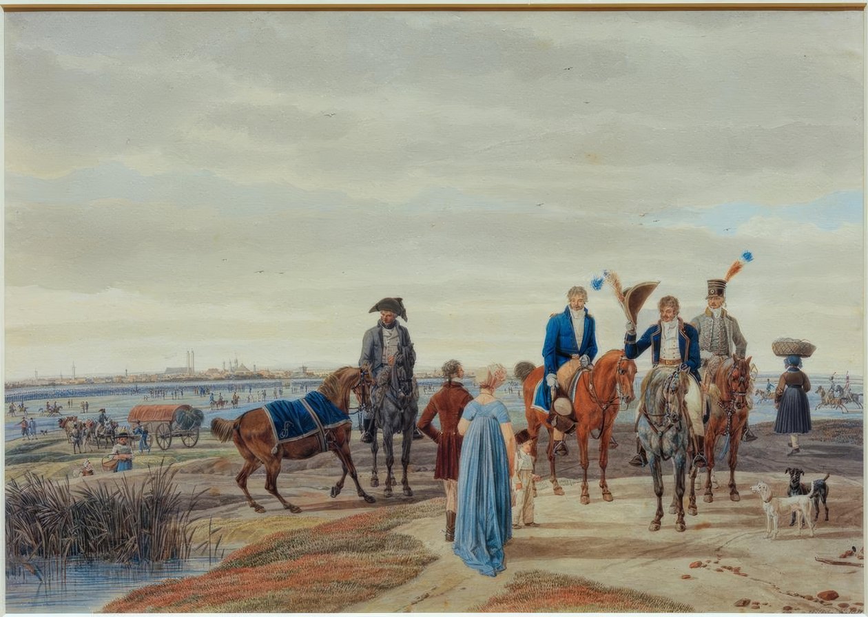 Møte av et par med offiserer foran München av Wilhelm von Kobell