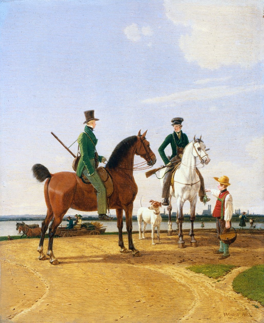 Jeger og herre ved elven Isar med utsikt over München, 1823. av Wilhelm von Kobell