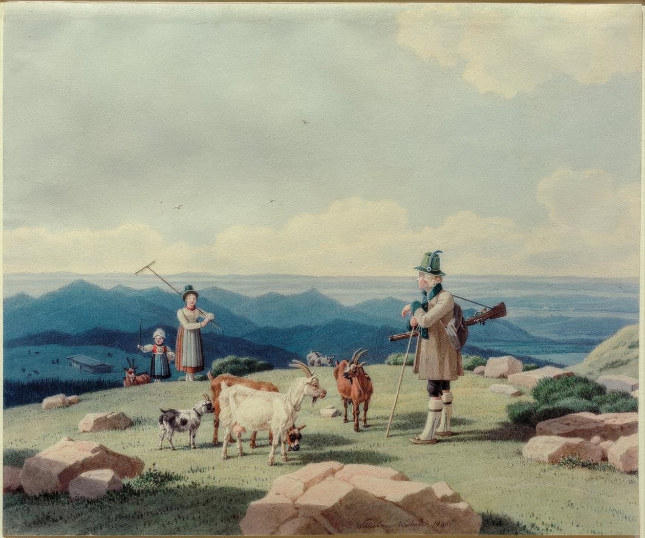 Jeger med melkepike og barn på Hirschberg av Wilhelm von Kobell