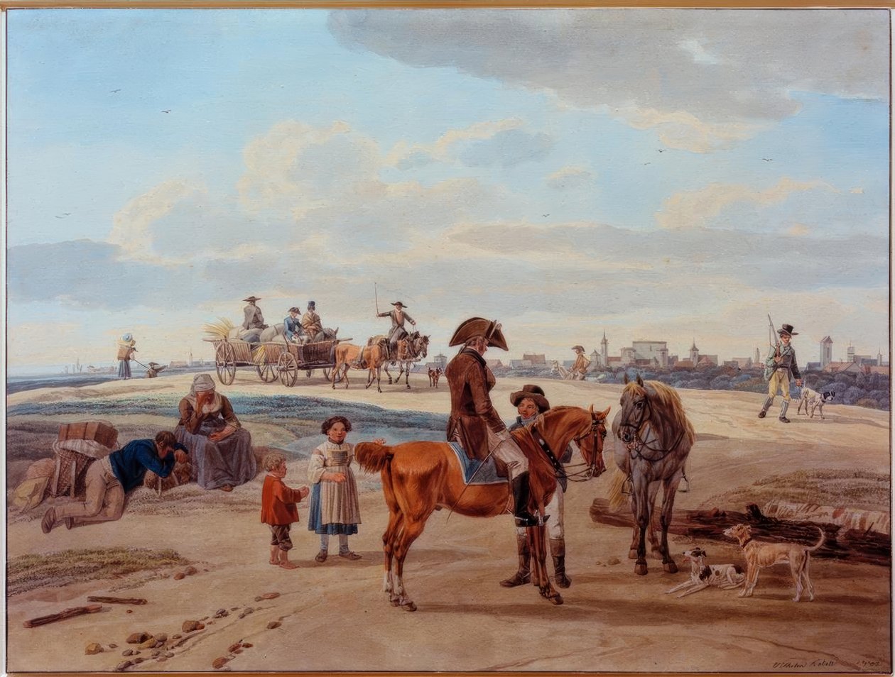 Ryttere, bønder og vogner foran en by av Wilhelm von Kobell