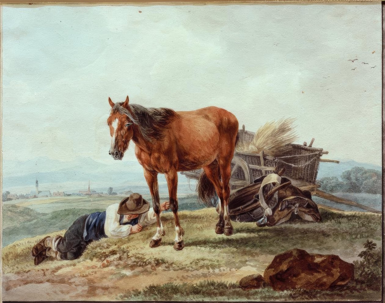 Sovende gårdsgutt med hest av Wilhelm von Kobell
