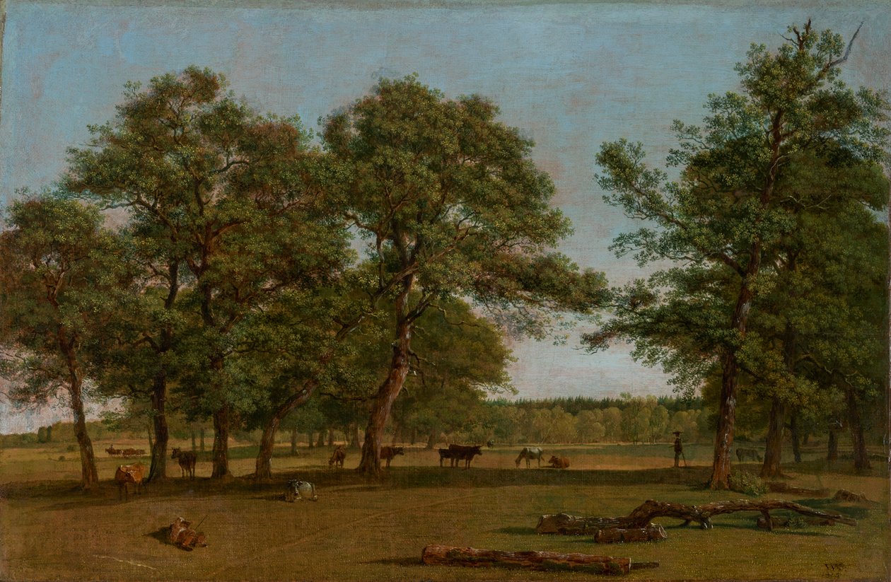 Weideauen nær Dietramszell (beitelandskap med gamle eiker) av Wilhelm von Kobell