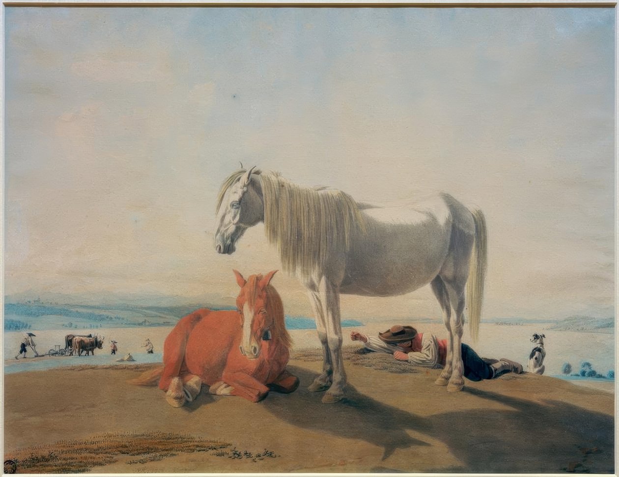 Beitende hester ved innsjøen Starnberg av Wilhelm von Kobell