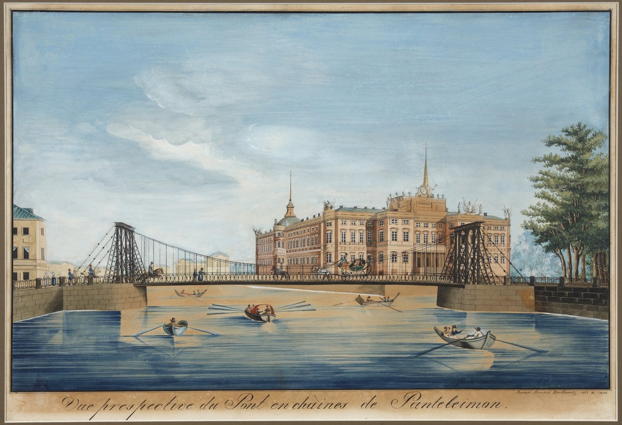 Utsikt over Chain Panteleimonovsky-broen og Mikhailovsky-slottet (chateau saint Michel ou chateau des ingenieurs) over Fontanka i St. Petersburg - Wilhelm von Traitteur (1788-1859). Penn, pensel, akvarell, blekk og hvit farge på papir av Wilhelm von Traitteur