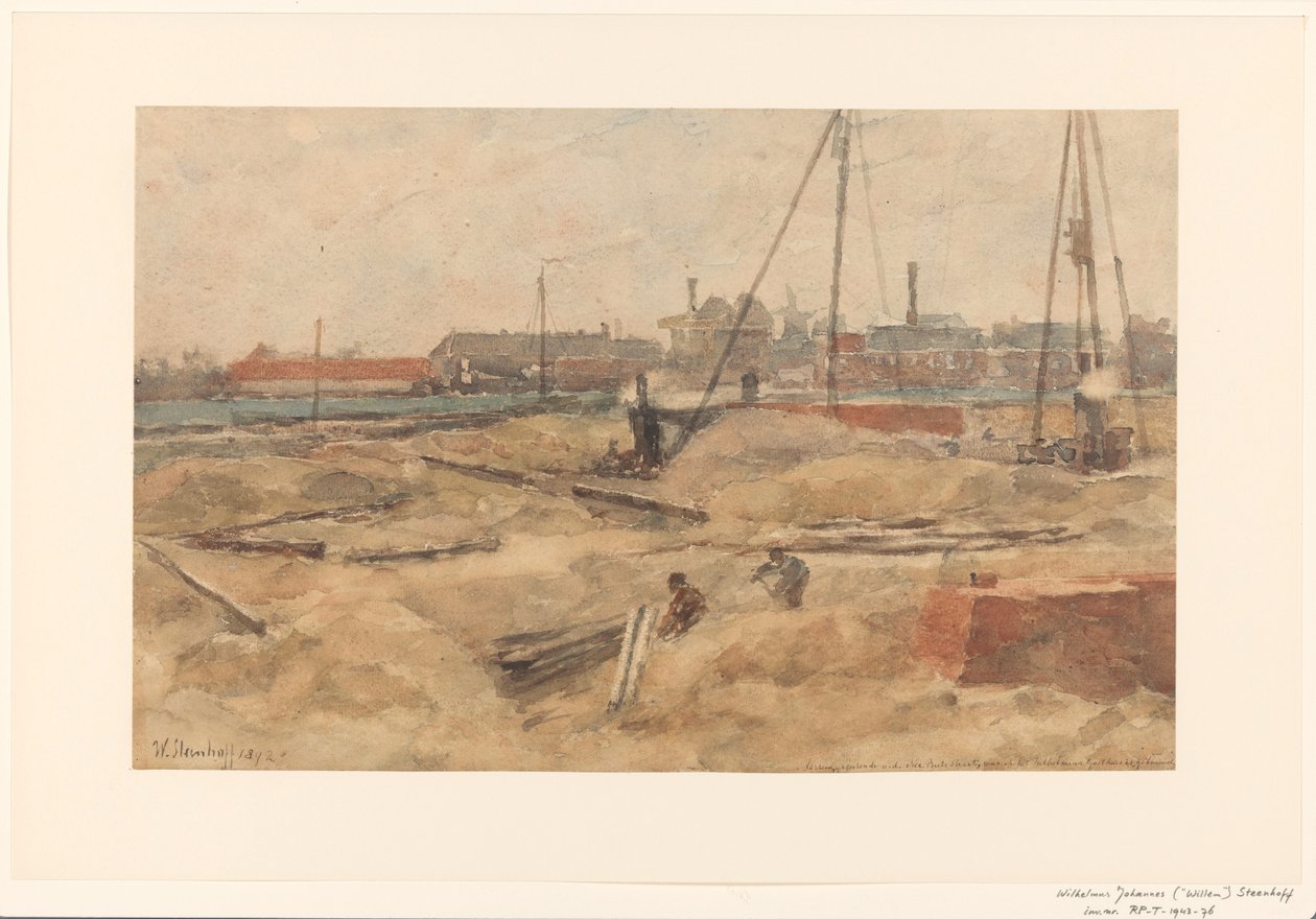 Byggeplass ved Wilhelmina Gasthuis av Wilhelmus Johannes Steenhoff