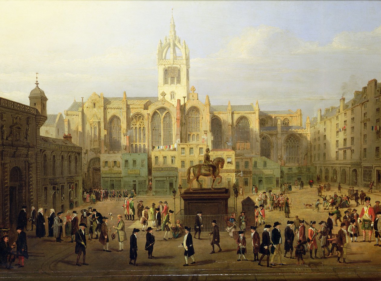 The Parliament Close and Public Figures of Edinburgh, om slutten av 1700-tallet av Wilkie, Nasmyth and Stanfield Roberts