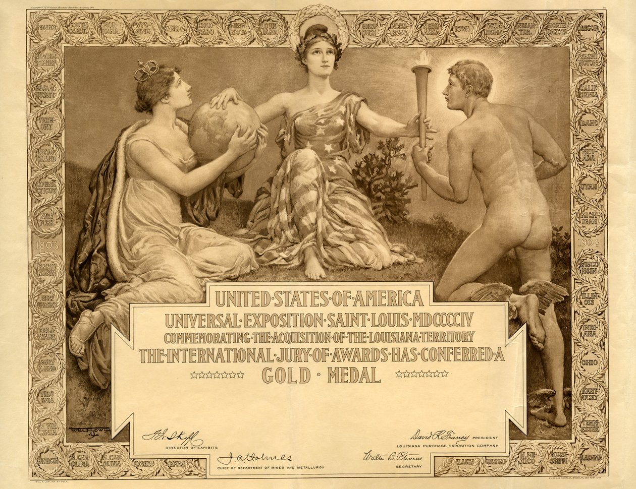 Louisiana Purchase Exposition blankt gullmedaljesertifikat, 1904 av Will H. Low