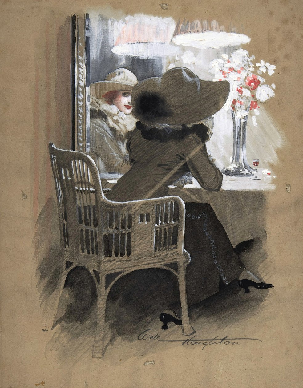 Portrett av en kvinne som sitter ved et bord, ca. 1896 (akvarell, hvit og rød tempera over grafitt) av Will Houghton