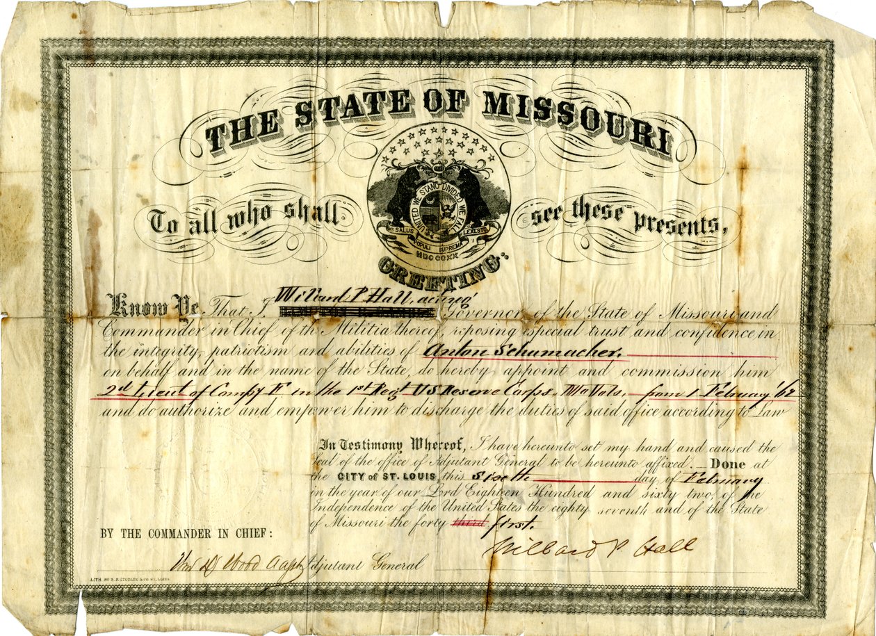 Militærkommisjon av Anton Schumacher som 2. løytnant av kompani F i 1. regiment U.S.R.C., Missouri Volunteers, 6. februar 1862 av Willard P. Hall