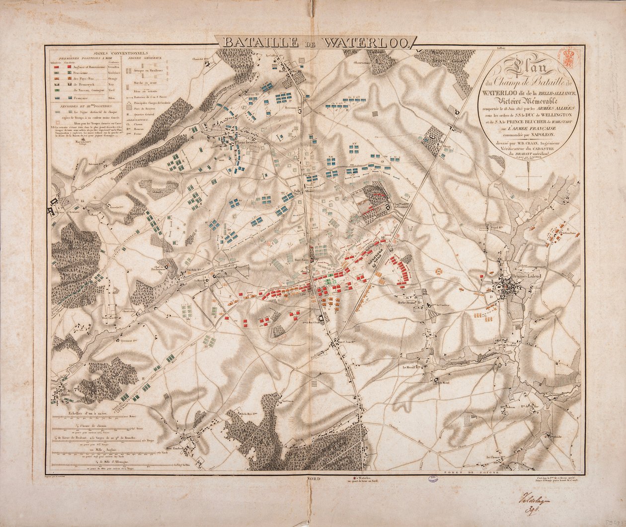 Slaget ved Waterloo, kart over slagmarken, gravert av Jacowick, 1816 av Willem Benjamin Craan