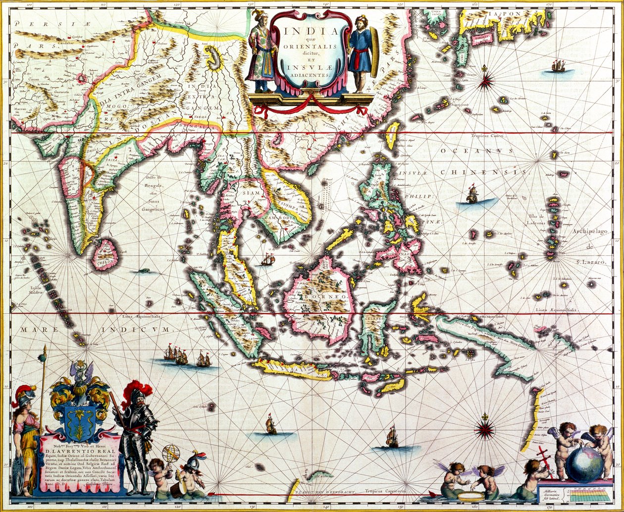Kart som viser Sørøst-Asia og Øst-India, publisert, Amsterdam, ca. 1635 (håndfarget gravering) av Willem Janszoon Blaeu
