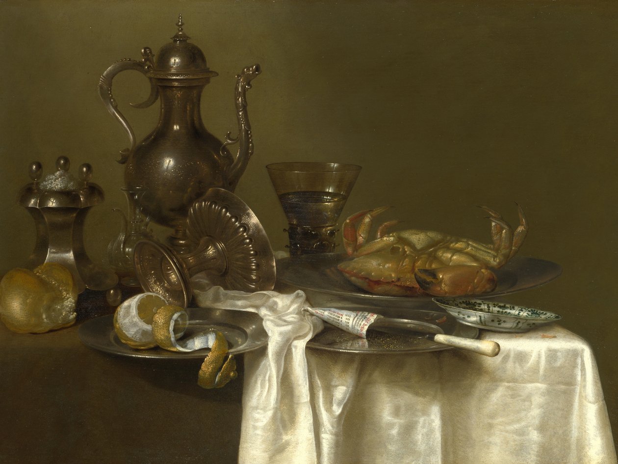 Stilleben: Tinn- og sølvkar og en krabbe, ca. 1633-37 av Willem Claesz. Heda